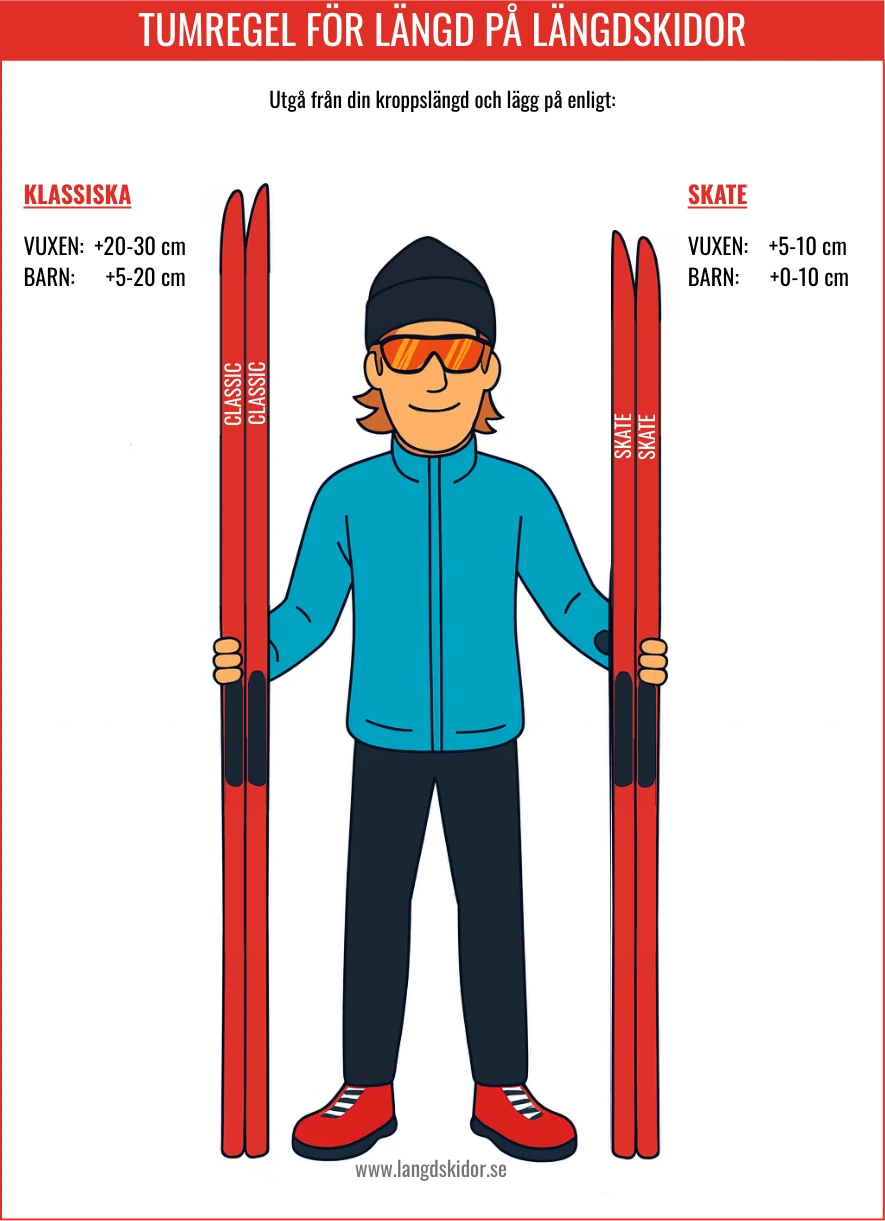 Infografik som visar tumreglerna för att välja rätt längd på längdskidor för skate och klassiskt